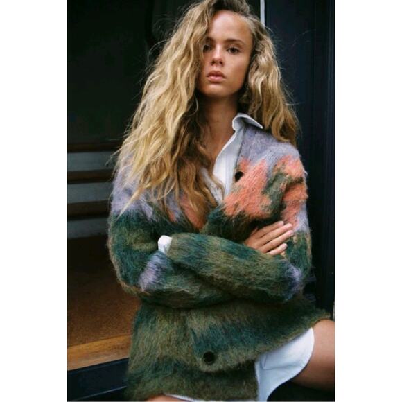 ZARA Landscape Knit Cardigan Coat Multicolor Oversized - Picture 1 of 5